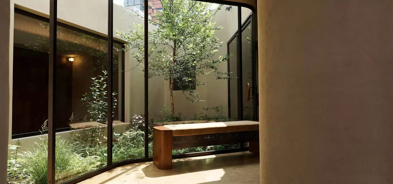 The Rain Garden de Aesop Seongsu, un pequeño jardín urbano con vegetación y agua