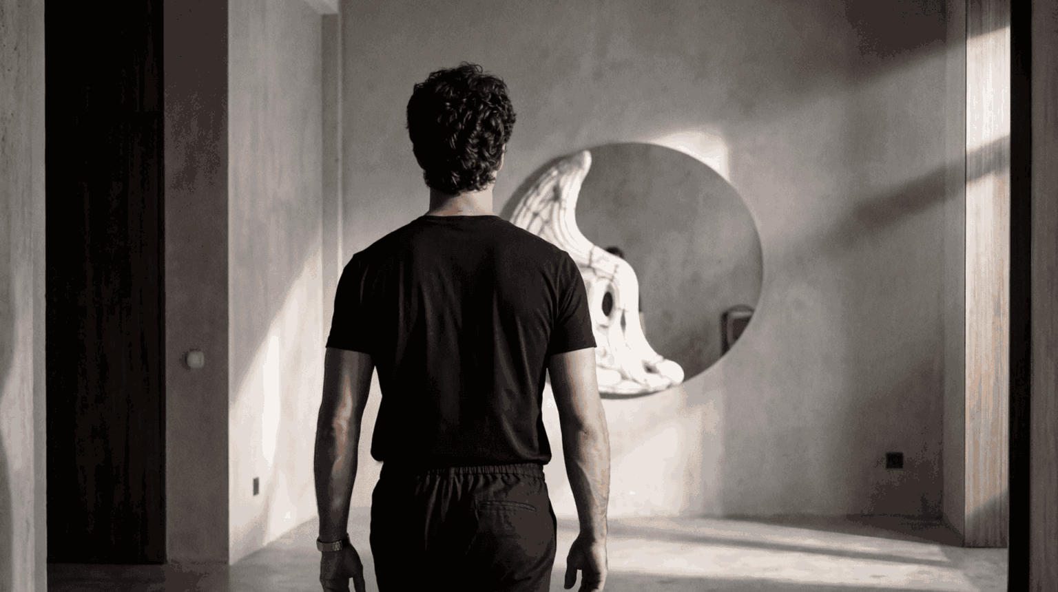 Aran Lozano frente a una de sus obras en Amarist Studio